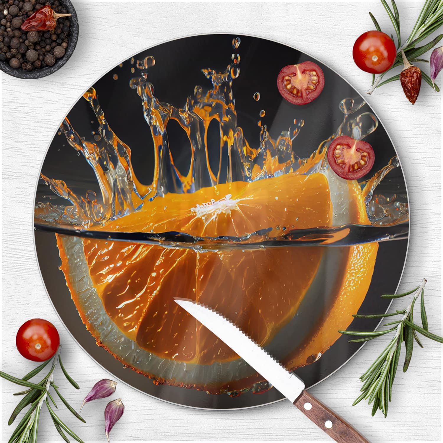 Schneidebrett Rund - Orangen-Splash