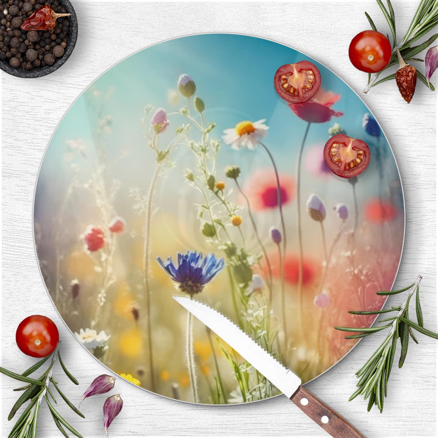 Schneidebrett Rund - Bunte Wildblumenwiese