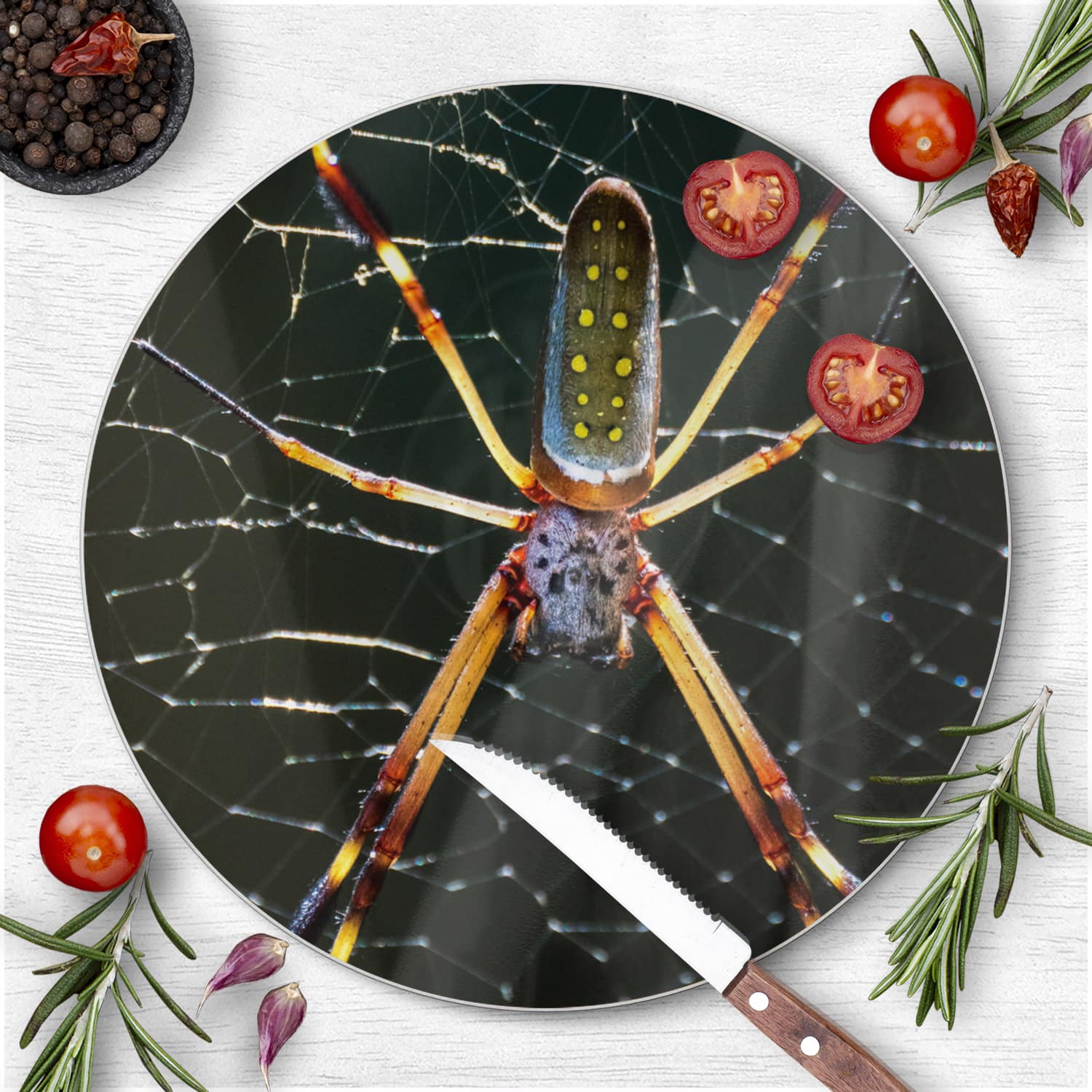 Schneidebrett Rund - Goldene Webspinne