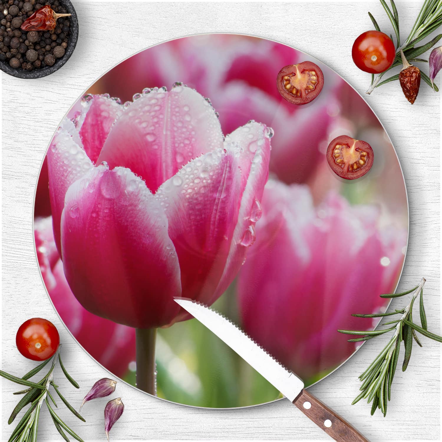 Schneidebrett Rund - Nasse Tulpen