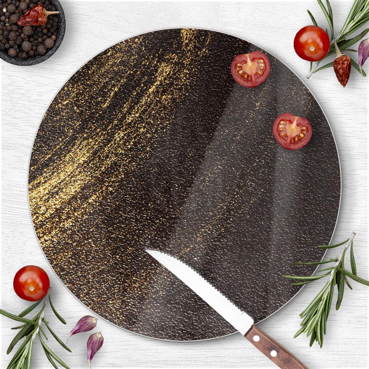 Schneidebrett Rund - Goldener Glitzerschwung