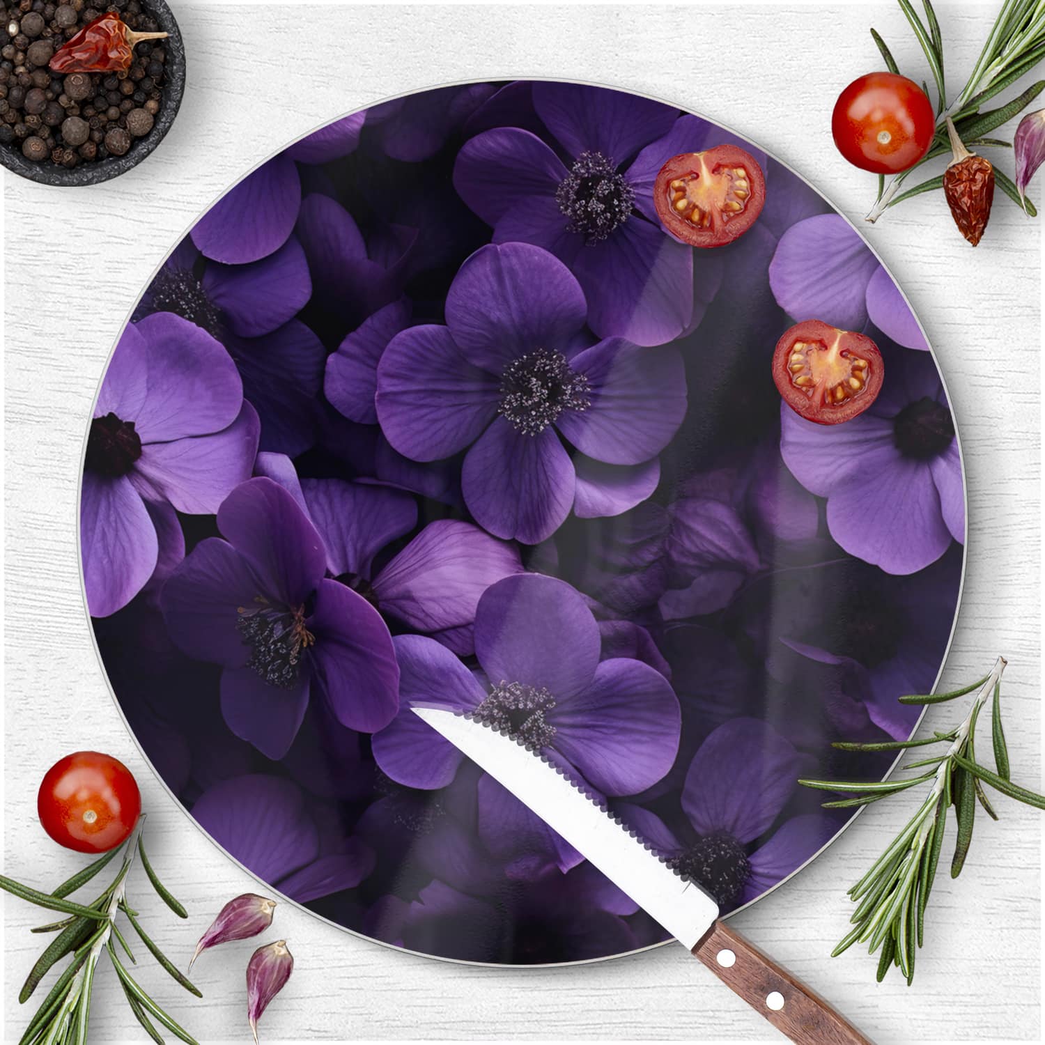Schneidebrett Rund - Lila Blumen