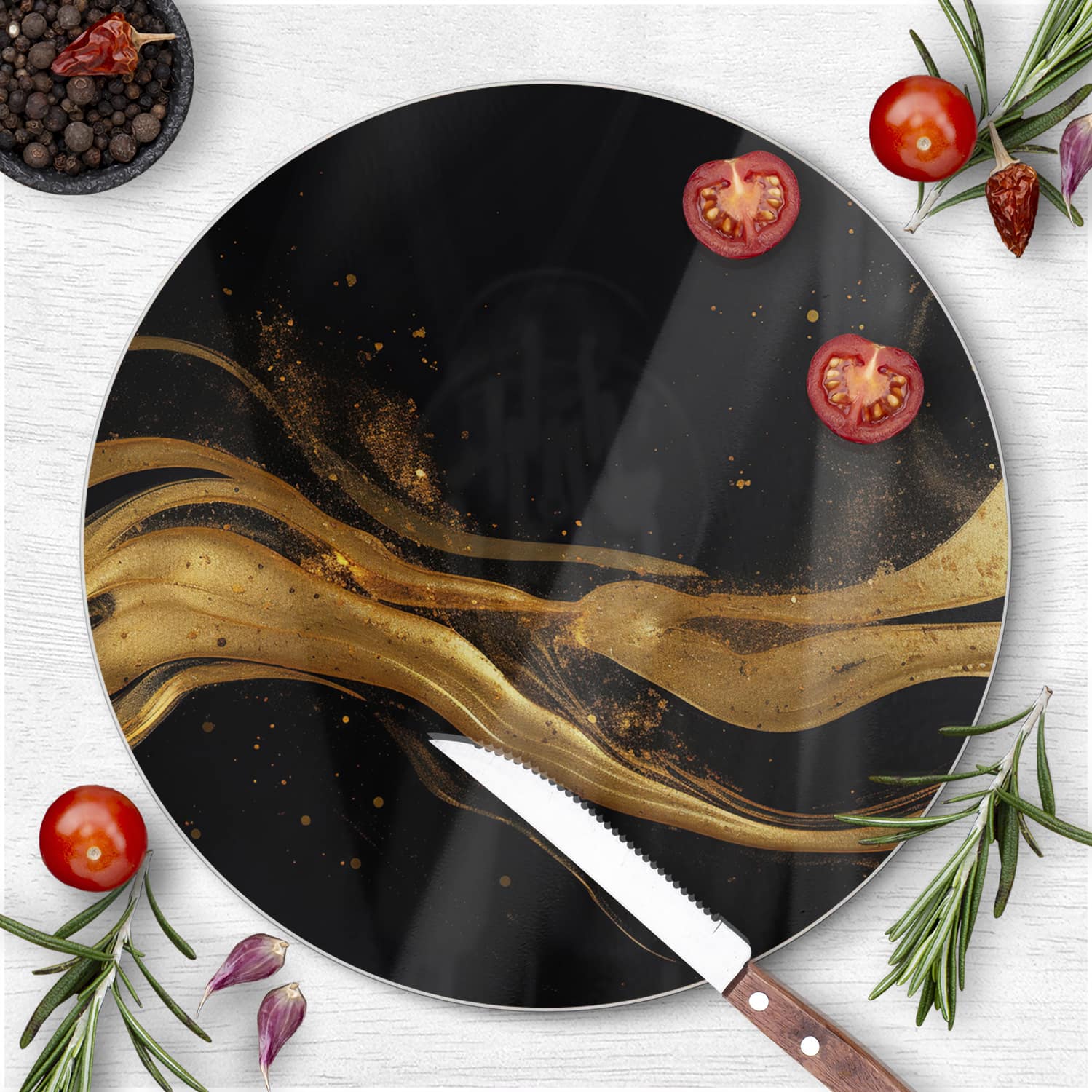 Schneidebrett Rund - Abstrakter luxuriöser Schwarz-Gold-Hintergrund