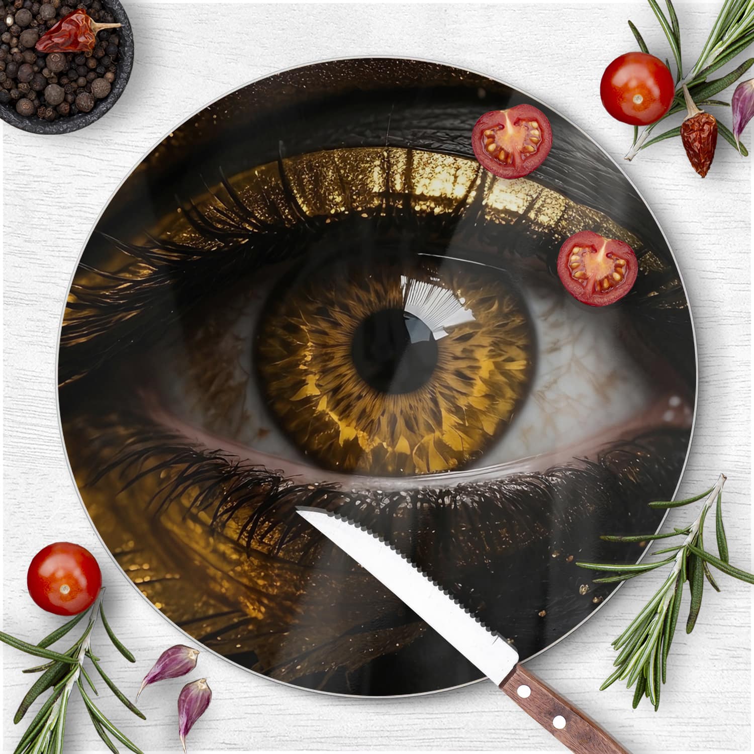 Schneidebrett Rund - Schwarz und goldenes Auge