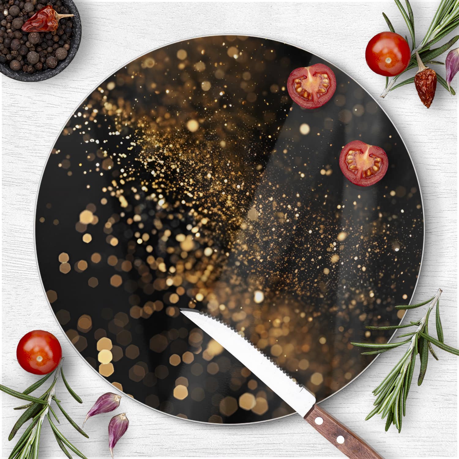 Schneidebrett Rund - Schwarzer Hintergrund mit goldenem Glitzer