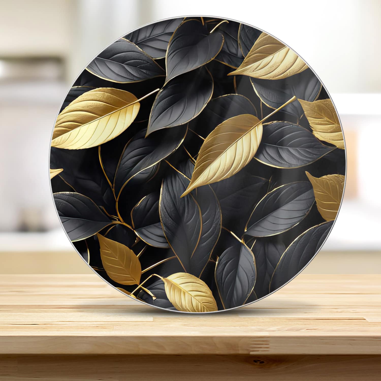 Schneidebrett Rund - Gold-Schwarz-Blattmuster