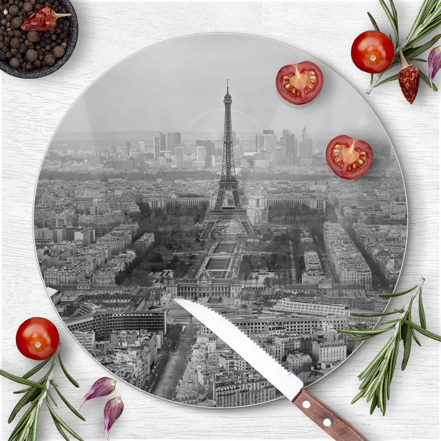 Schneidebrett Rund - Paris in Schwarz-Weiß aus der Luft