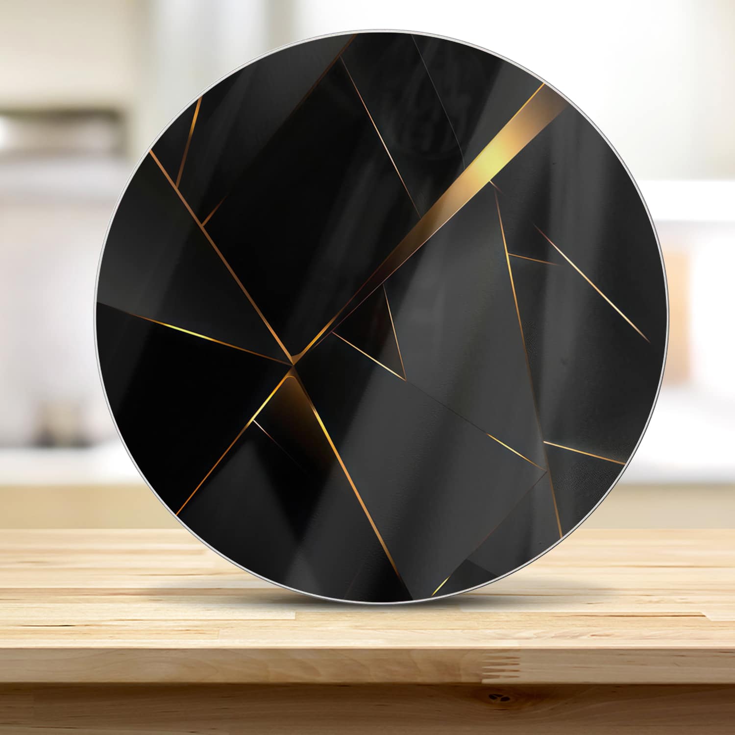 Schneidebrett Rund - Goldene Linien auf schwarzer Geometrie