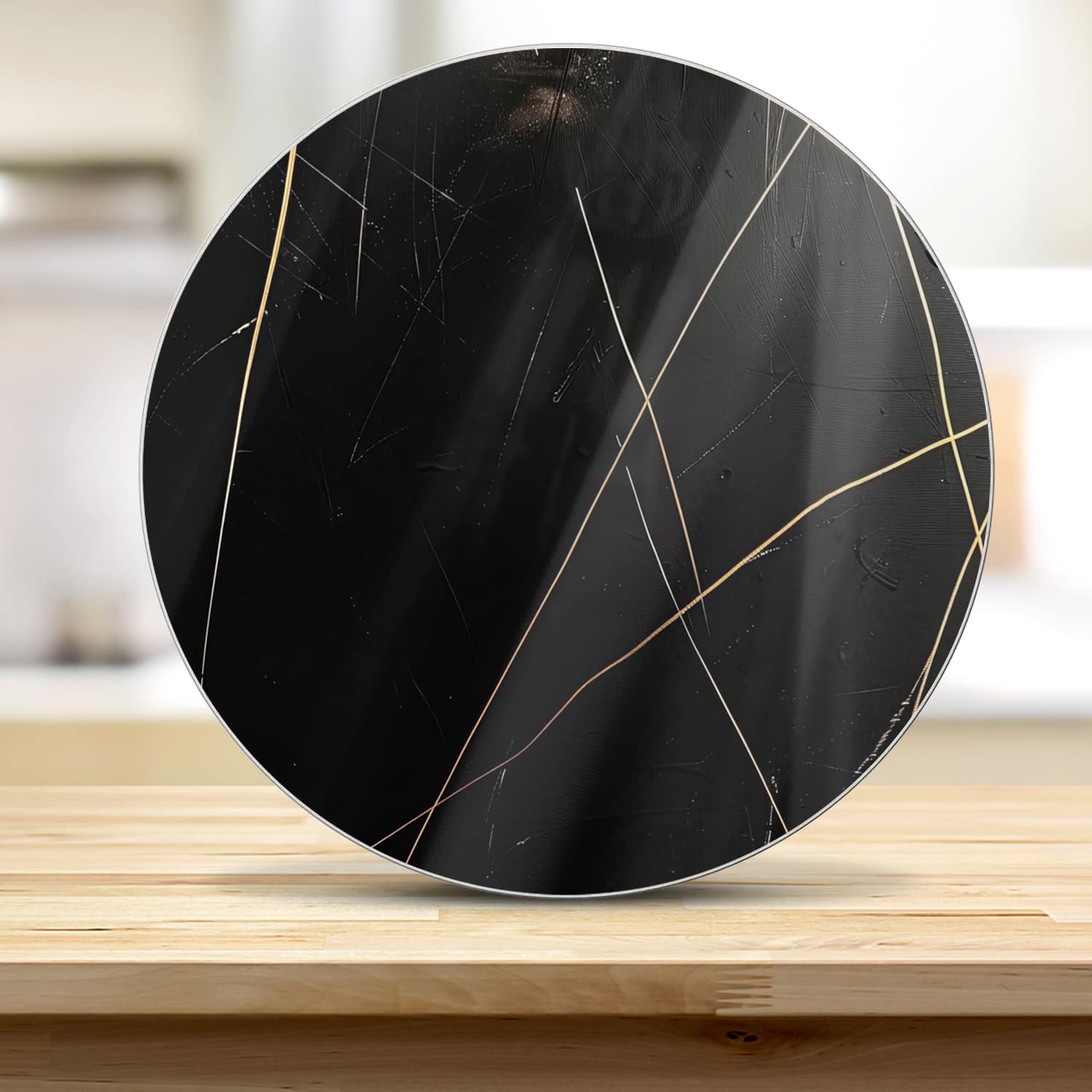 Schneidebrett Rund - Schwarze Textur mit goldenen Linien