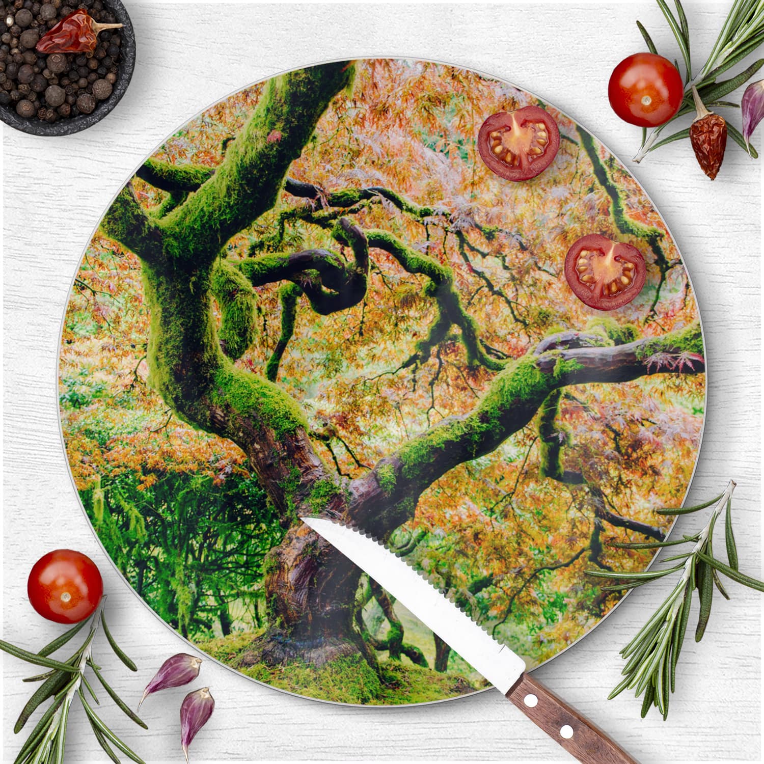 Schneidebrett Rund - Moosiger Baum im Herbst