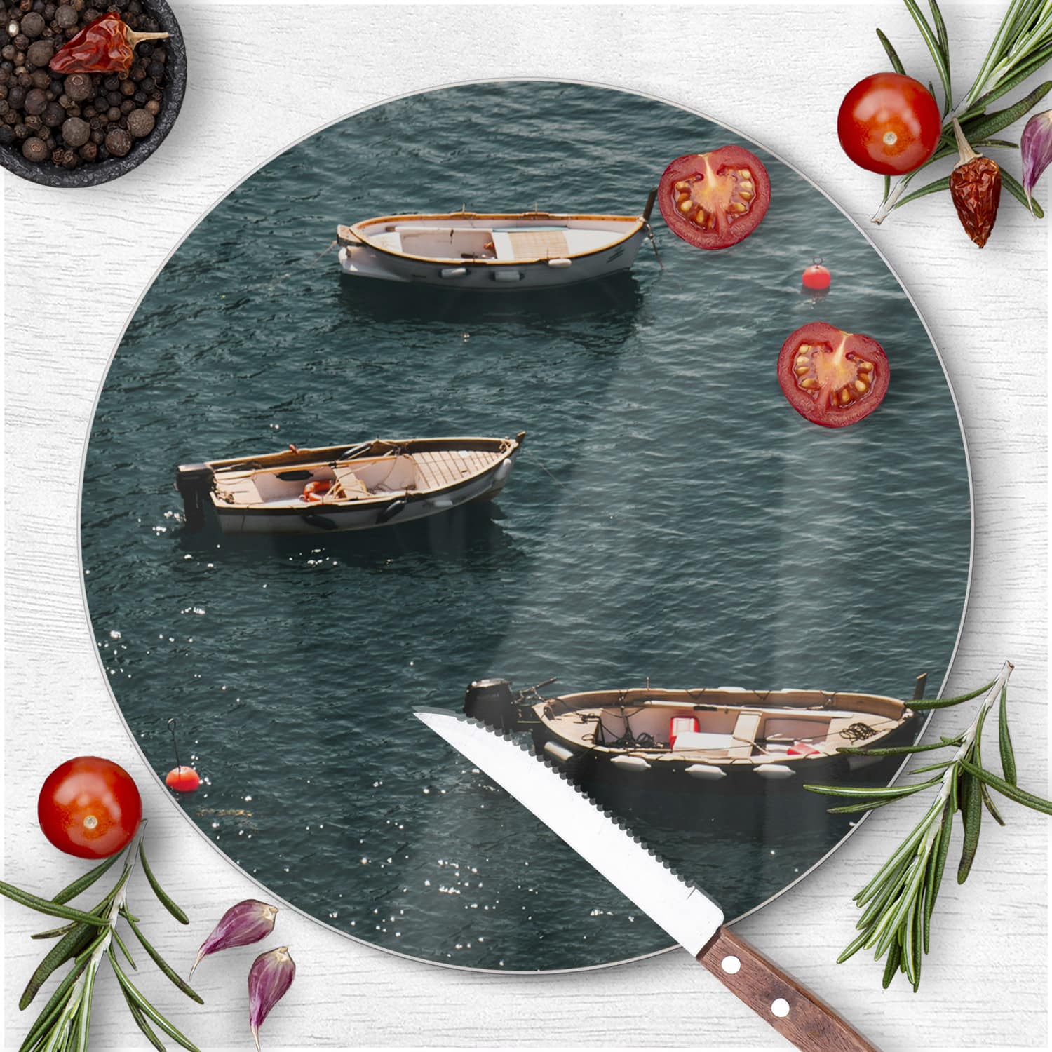 Schneidebrett Rund - Boote im Wasser