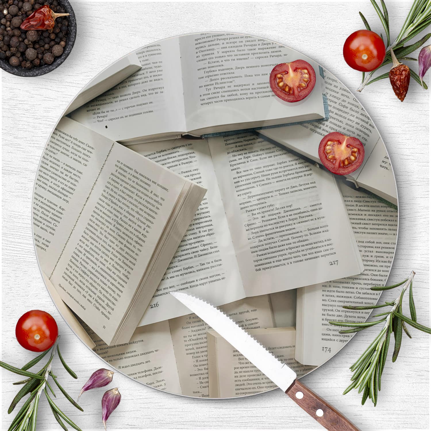 Schneidebrett Rund - Bücherstapel
