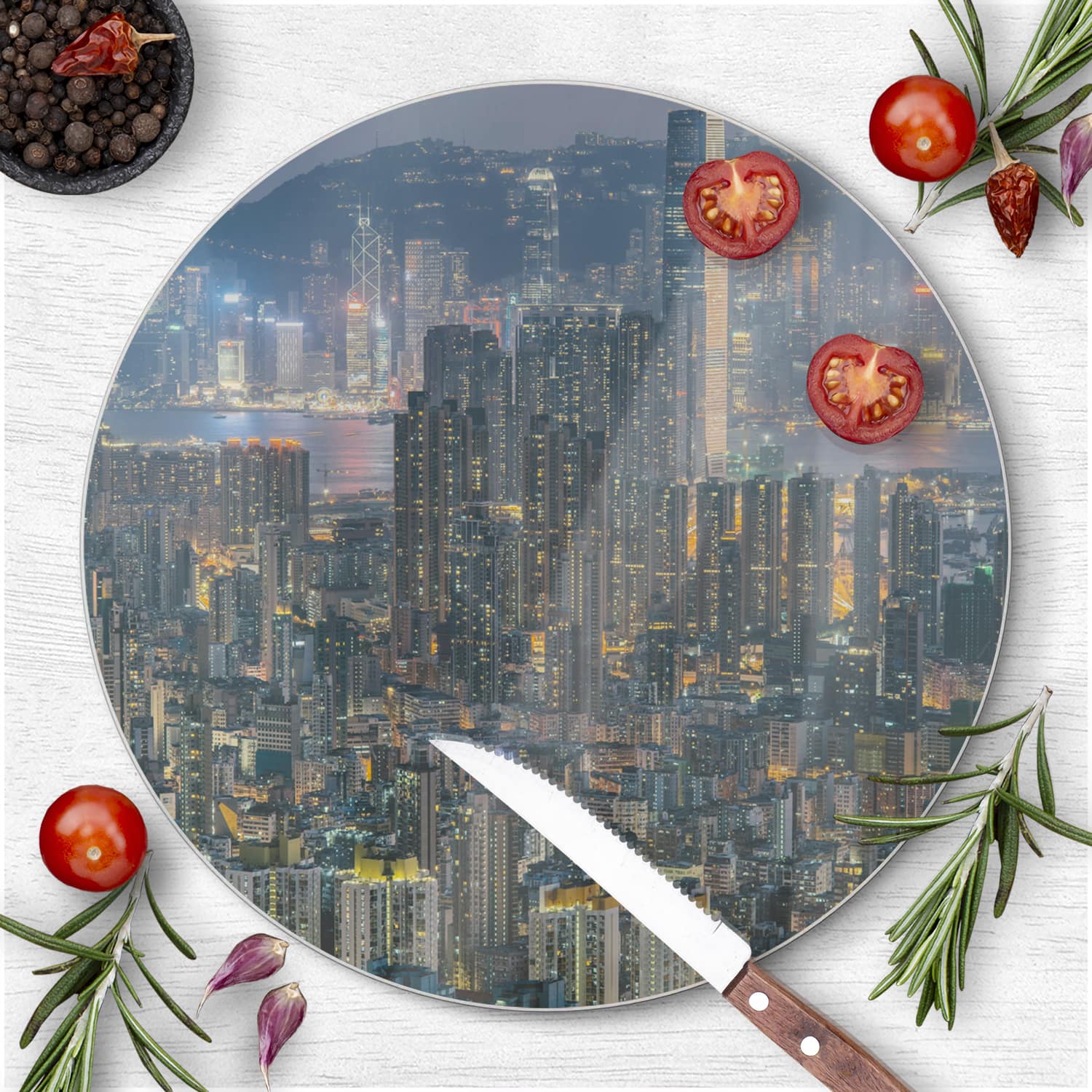 Schneidebrett Rund - Hongkong bei Nacht