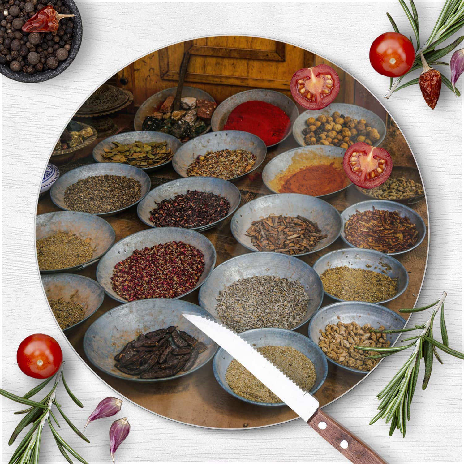 Schneidebrett Rund - Orientalischer Gewürzmarkt