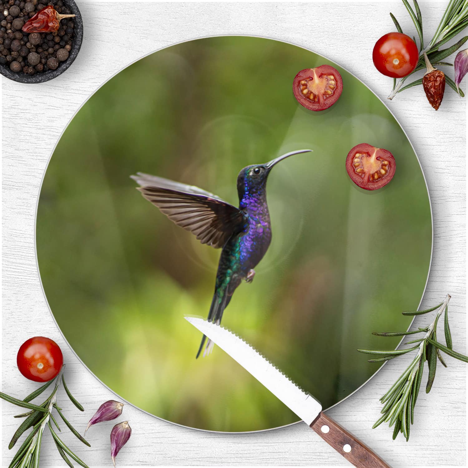 Schneidebrett Rund - Bunter Kolibri