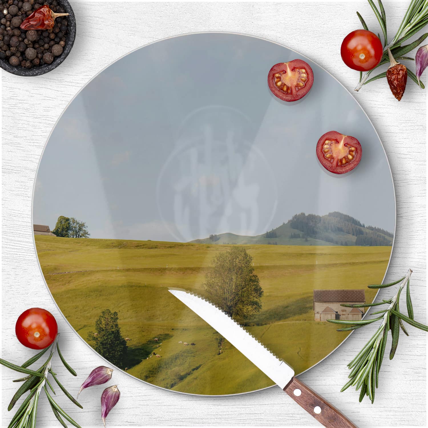 Schneidebrett Rund - Hügelige Landschaft