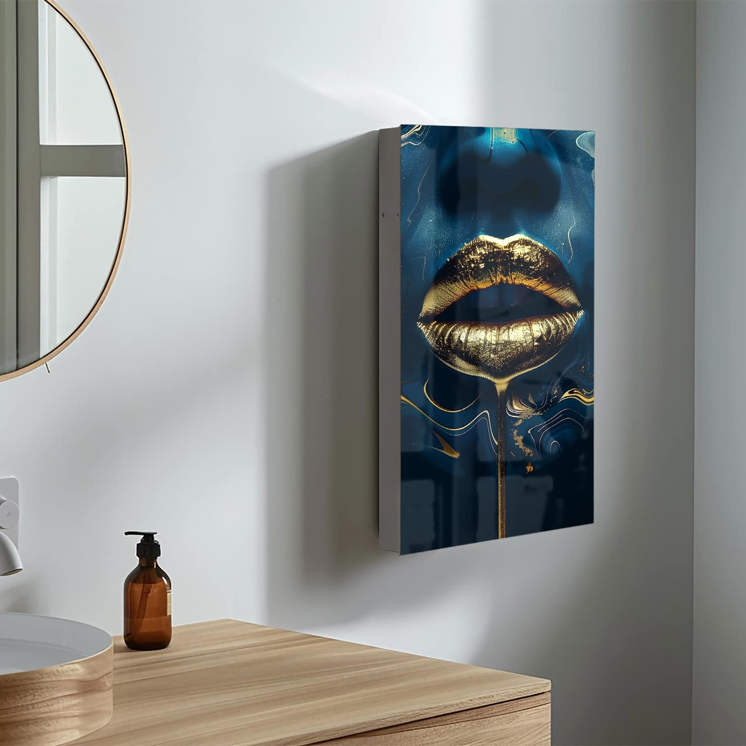 Medizinschrank Goldene Lippen in abstrakter Kunst