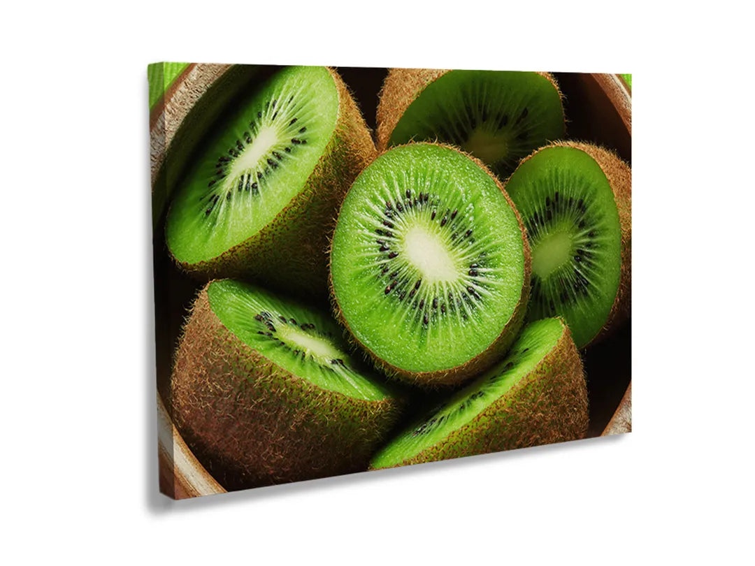 Kurkborden op canvas met verse kiwi in close-up – formaat 120 × 80 cm