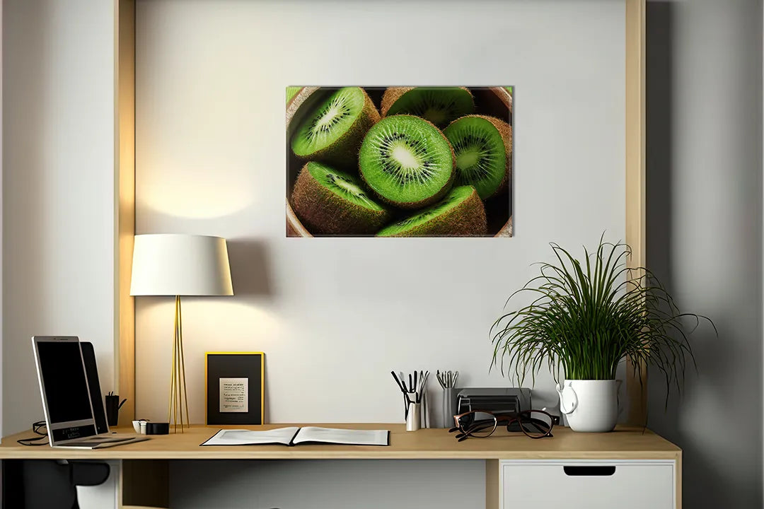 Kurkborden op canvas met verse kiwi in close-up – formaat 140 × 100 cm