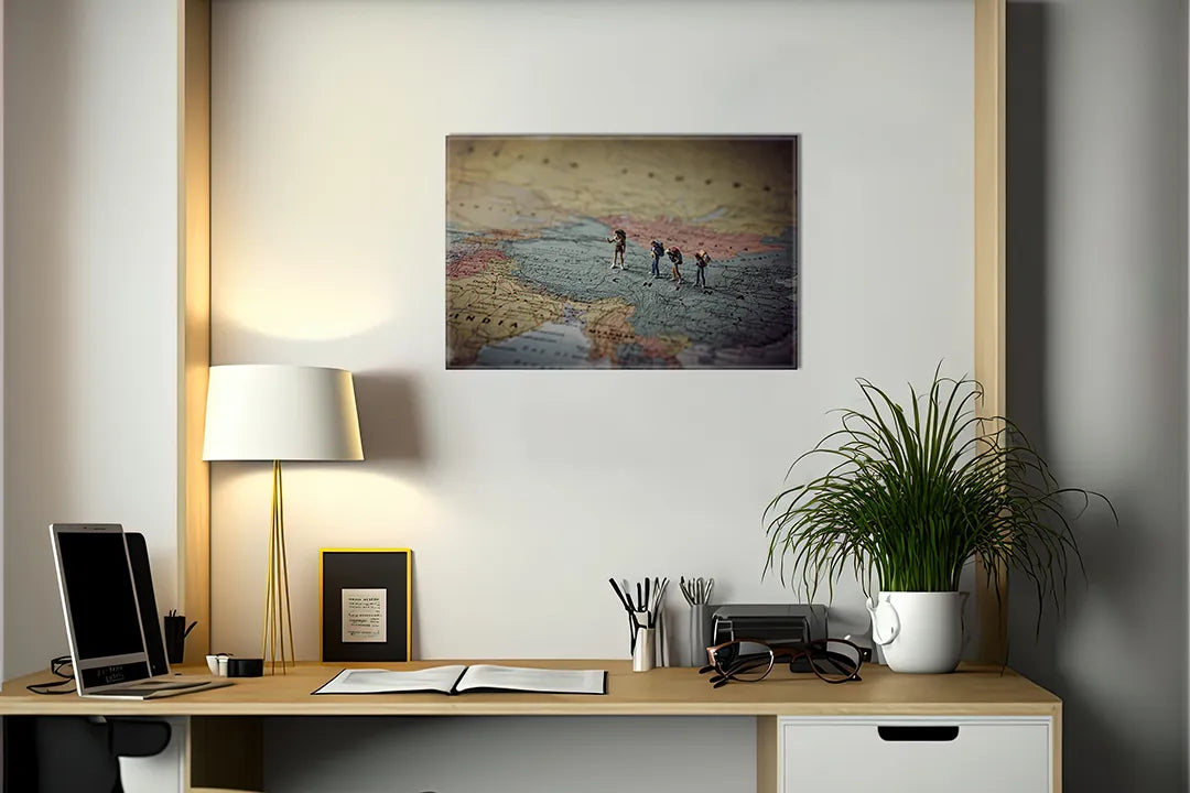 Kork-Pinnwände auf Leinwand mit miniaturreisende auf einer landkarte – Format 140 × 100 cm