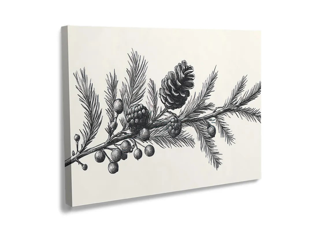 Kurkborden op canvas met zwart-witte tak met bessen – formaat 120 × 80 cm