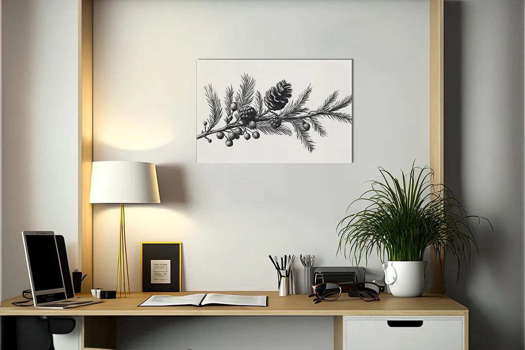 Kurkborden op canvas met zwart-witte tak met bessen – formaat 140 × 100 cm