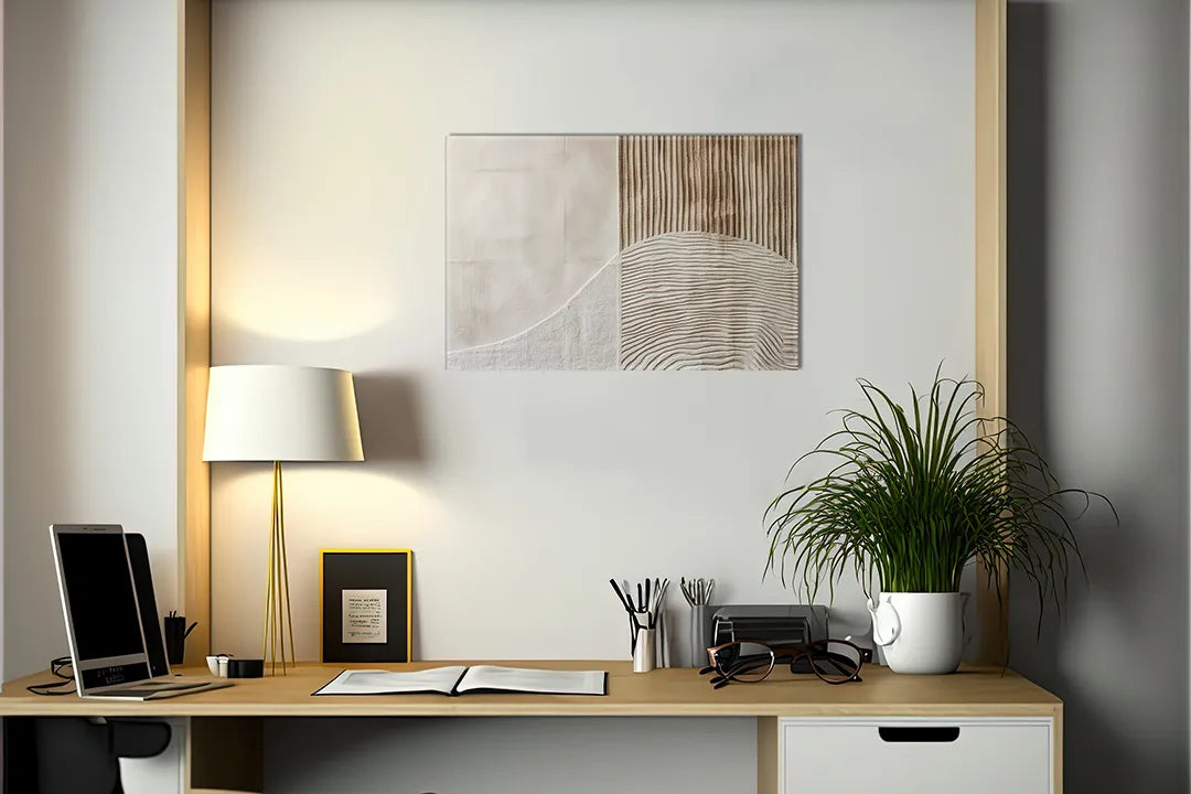 Kurkborden op canvas met abstracte beige en houten geometrie – formaat 140 × 100 cm