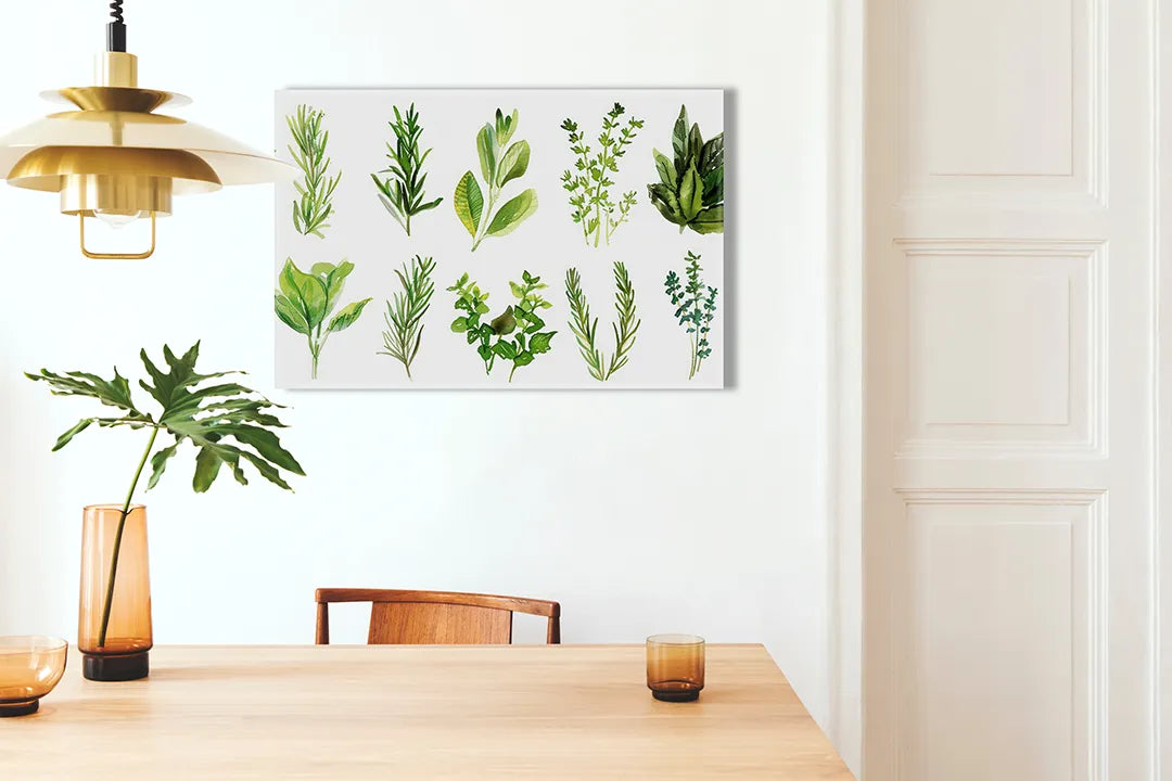 Kurkborden op canvas met botanische kruidenillustraties – formaat 100 × 70 cm