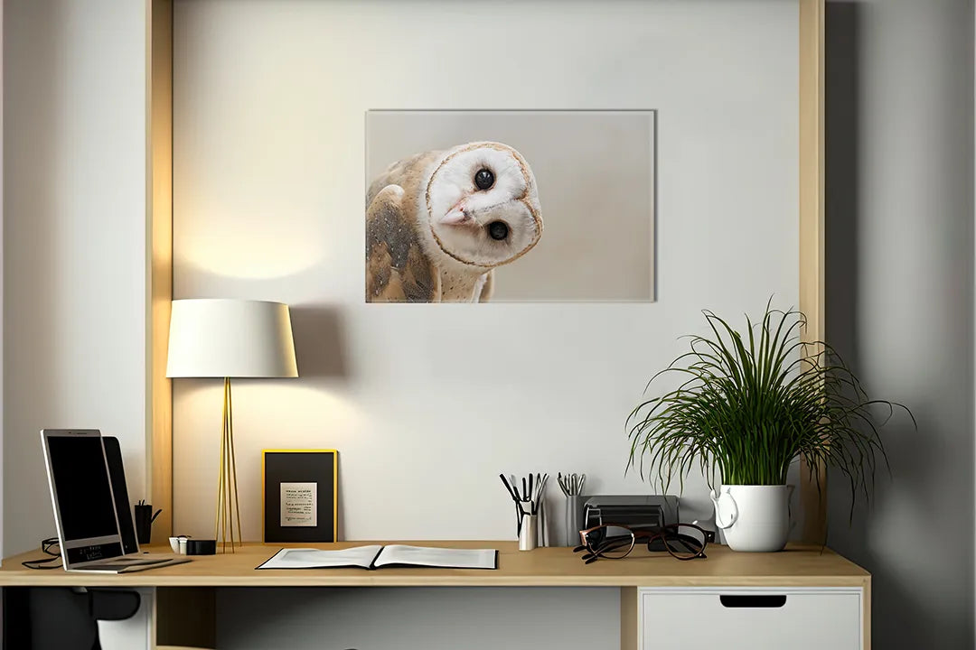 Kork-Pinnwände auf Leinwand mit porträt einer schleiereule – Format 140 × 100 cm
