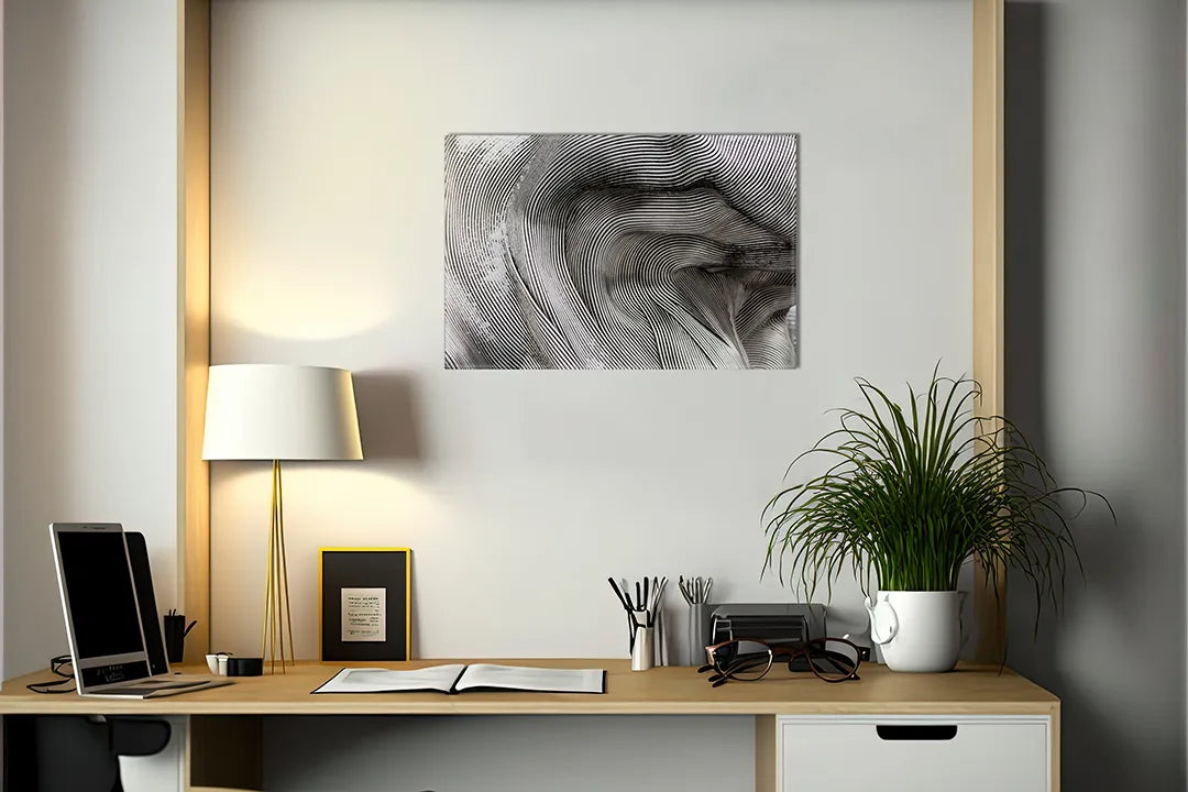 Kurkborden op canvas met zwart-wit golvend lijnpatroon – formaat 140 × 100 cm