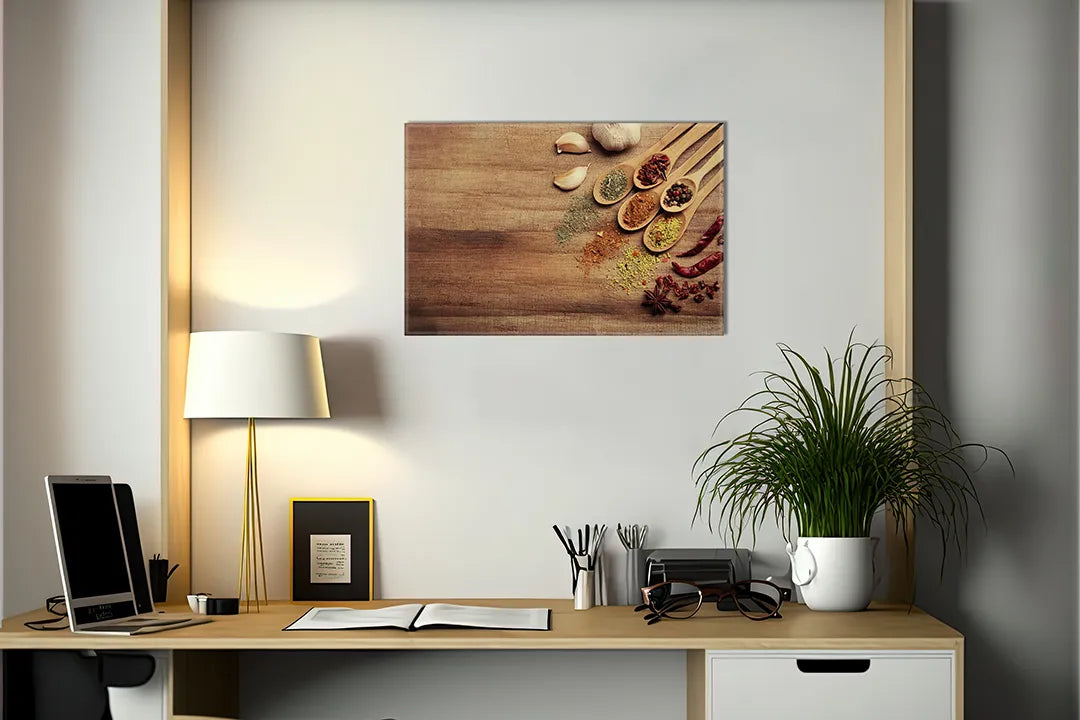 Kork-Pinnwände auf Leinwand mit kräuter und gewürze auf holztisch – Format 140 × 100 cm
