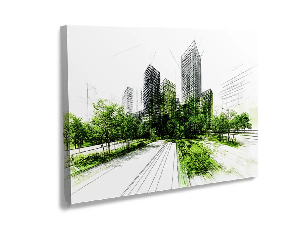Kurkborden op canvas met groene stadsschets met wandelpad – formaat 120 × 80 cm