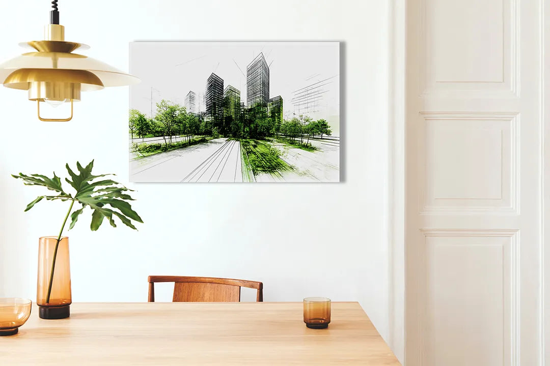 Kurkborden op canvas met groene stadsschets met wandelpad – formaat 100 × 70 cm