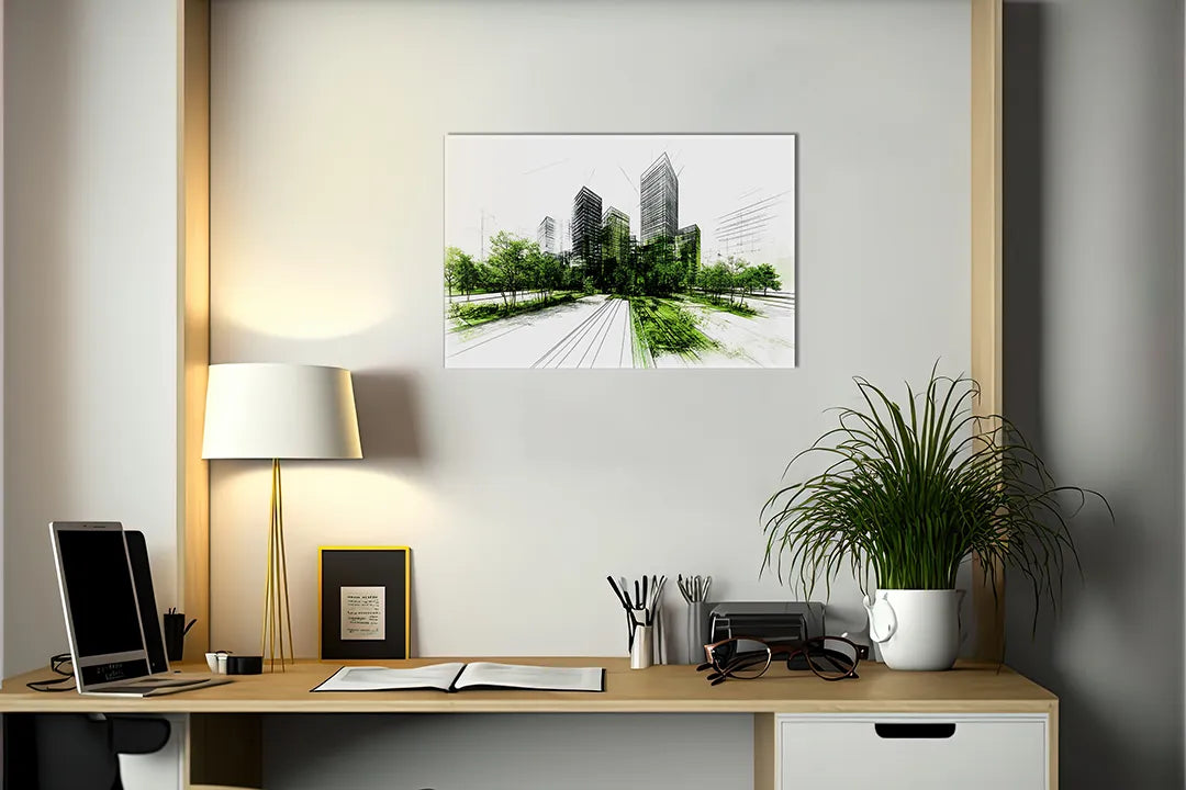 Kurkborden op canvas met groene stadsschets met wandelpad – formaat 140 × 100 cm