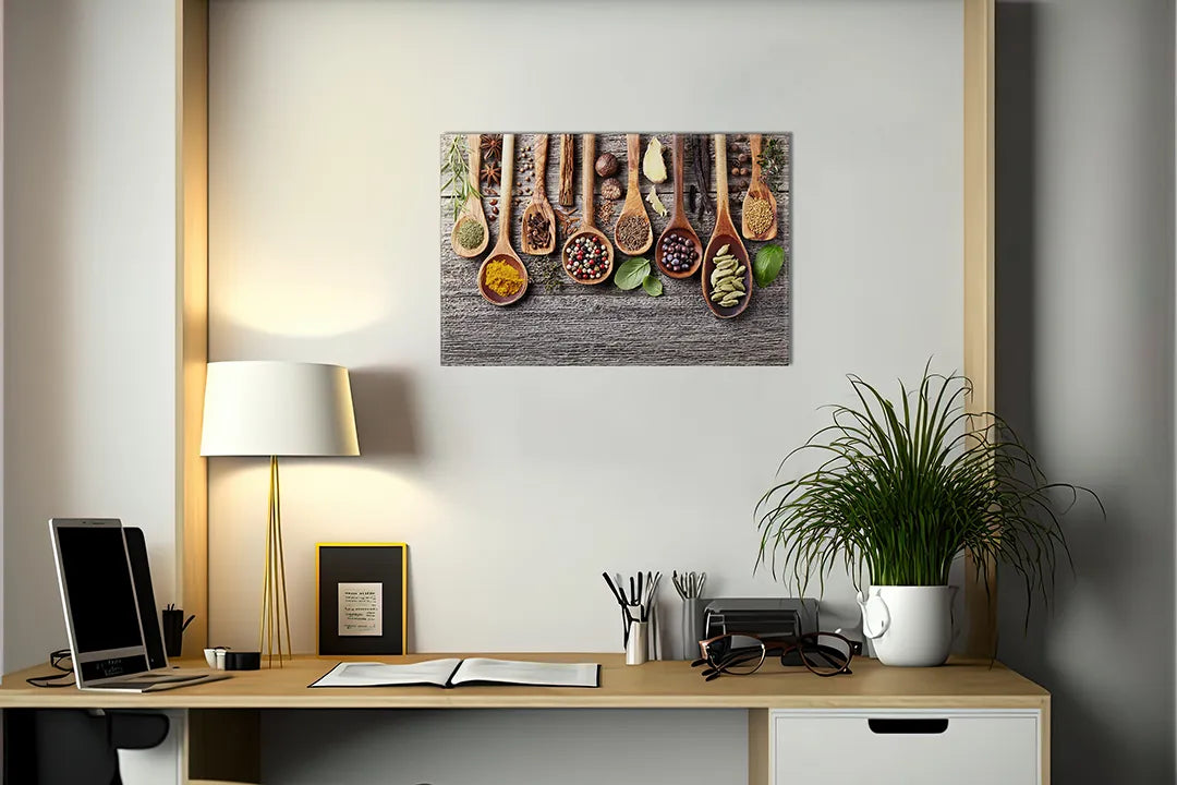 Kork-Pinnwände auf Leinwand mit kräuter in holzlöffeln – Format 140 × 100 cm