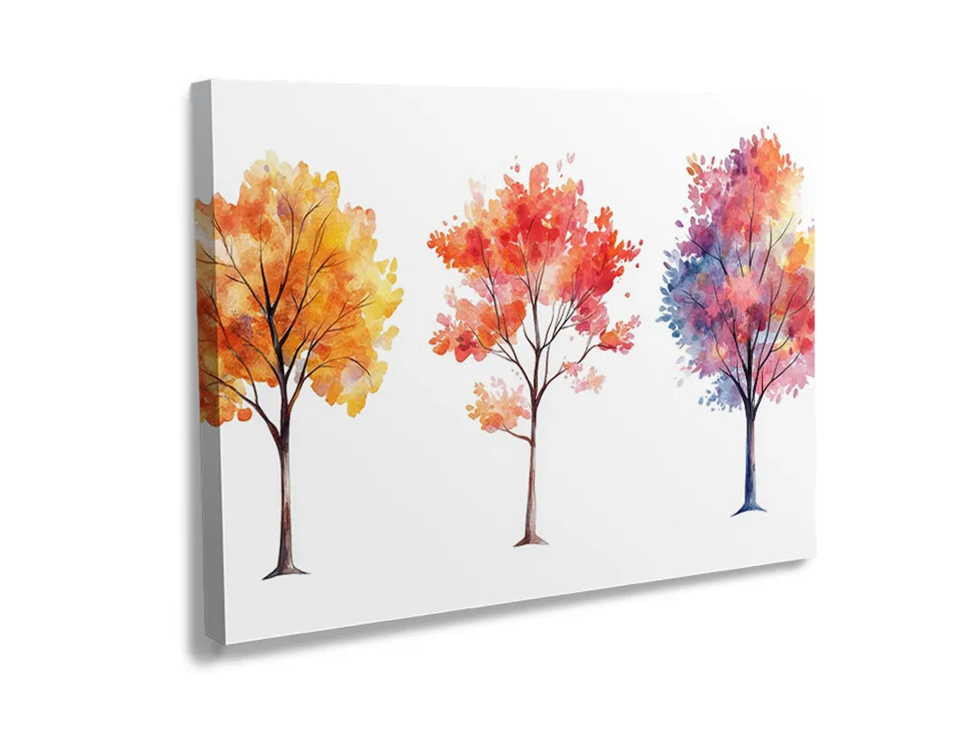Kurkborden op canvas met vier aquarelbomen in herfstkleuren – formaat 120 × 80 cm