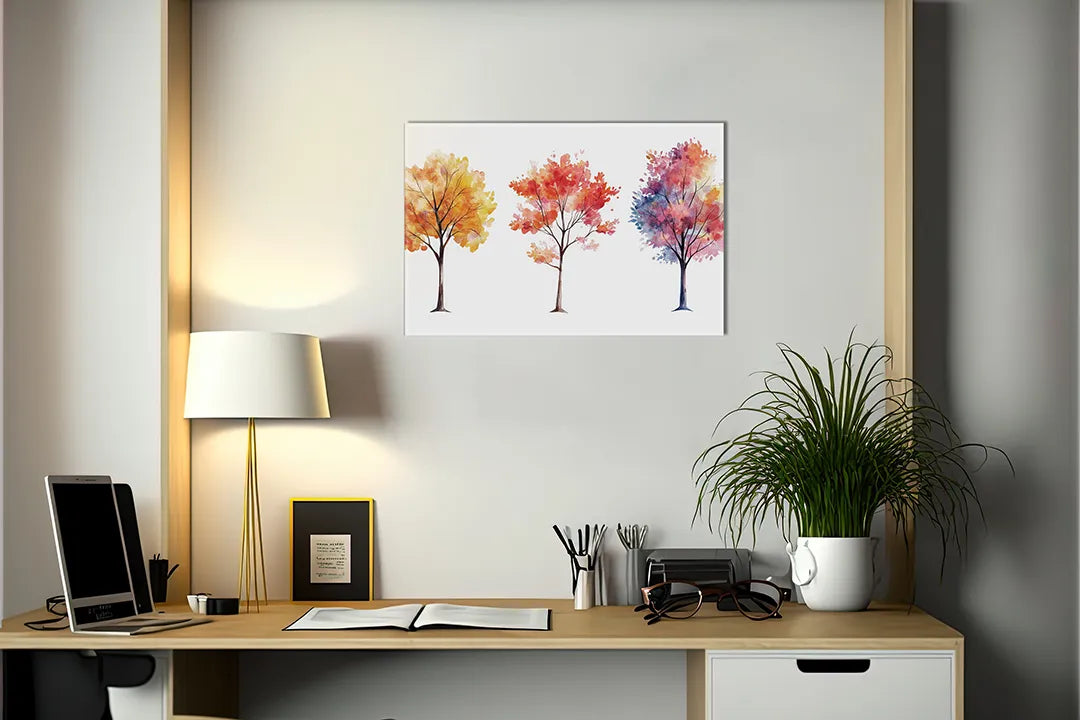 Kurkborden op canvas met vier aquarelbomen in herfstkleuren – formaat 140 × 100 cm
