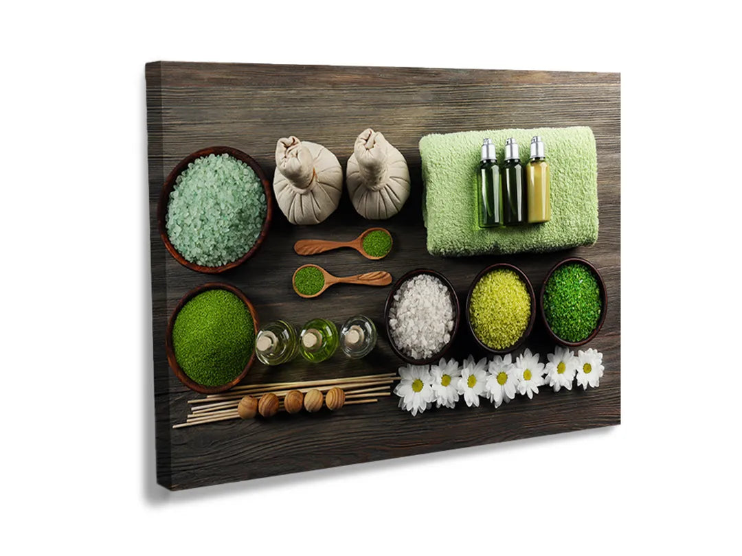 Kurkborden op canvas met wellness kruiden en massageproducten – formaat 120 × 80 cm