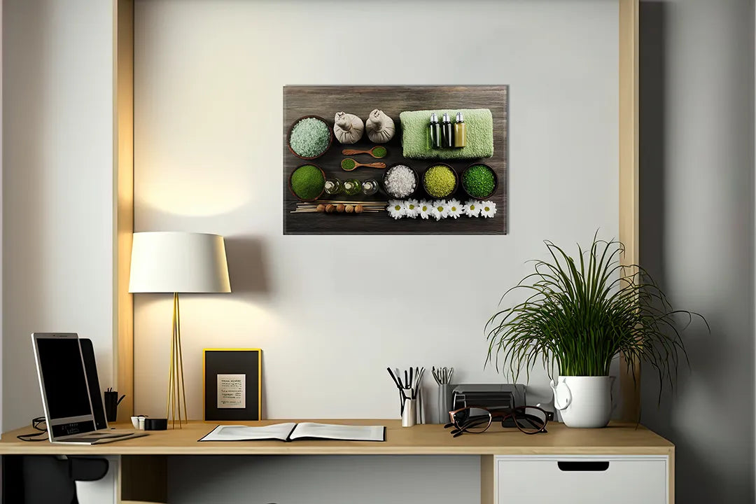 Kurkborden op canvas met wellness kruiden en massageproducten – formaat 140 × 100 cm