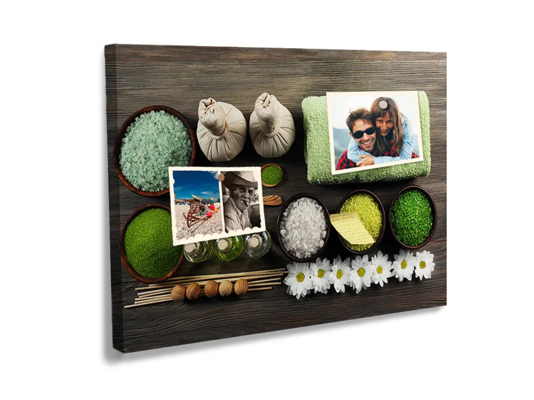 Kurkborden op canvas met wellness kruiden en massageproducten – formaat 60 × 40 cm