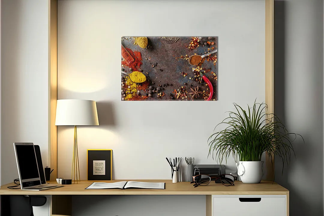 Kork-Pinnwände auf Leinwand mit bunte gewürze auf dunklem hintergrund – Format 140 × 100 cm