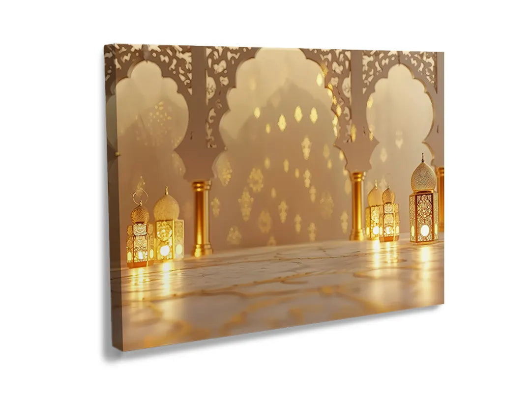 Kurkborden op canvas met warme moskee-interieur met lantaarns – formaat 120 × 80 cm