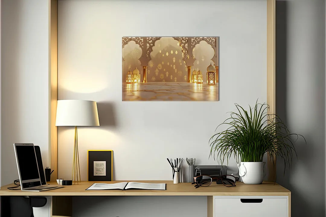 Kurkborden op canvas met warme moskee-interieur met lantaarns – formaat 140 × 100 cm