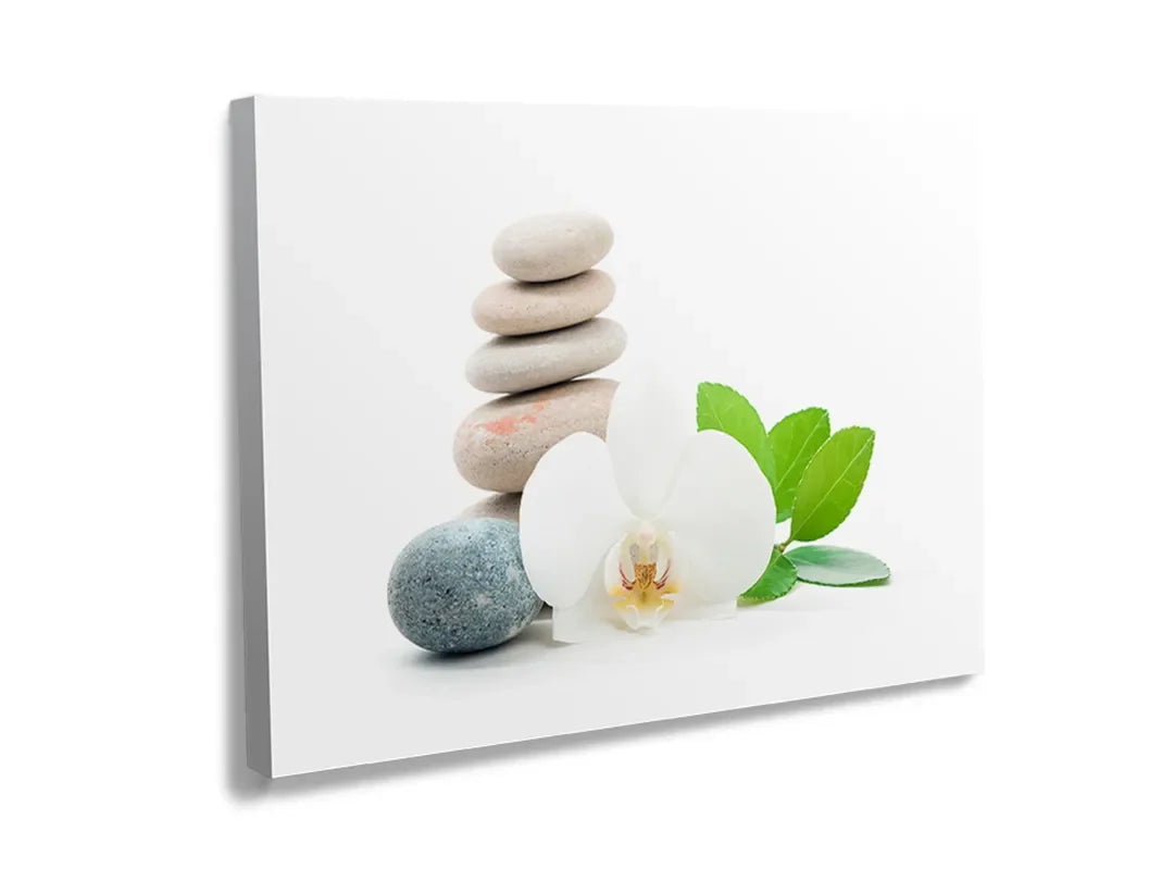 Kurkborden op canvas met witte orchidee met wellnessstenen – formaat 120 × 80 cm