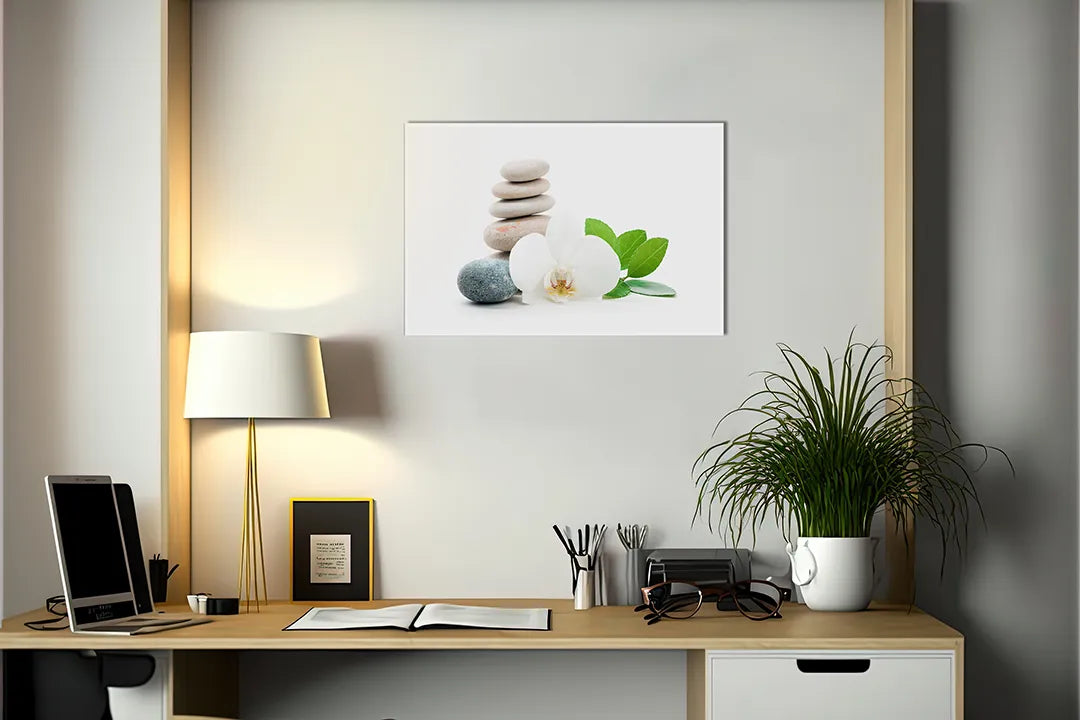 Kurkborden op canvas met witte orchidee met wellnessstenen – formaat 140 × 100 cm
