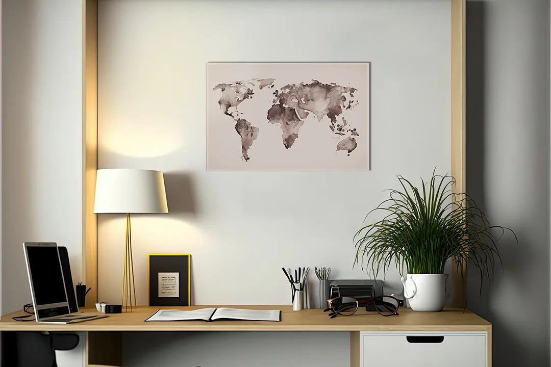 Kork-Pinnwände auf Leinwand mit aquarell-weltkarte in sanften tönen – Format 140 × 100 cm