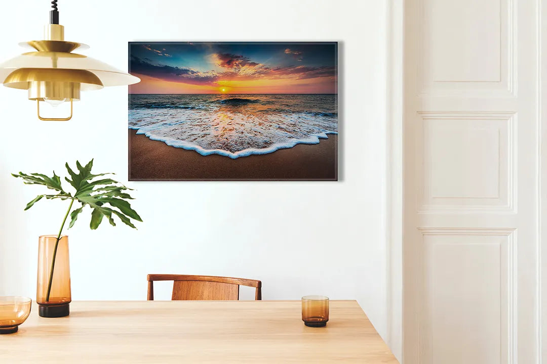 Kurkborden op canvas met zonsondergang boven de zee – formaat 100 × 70 cm