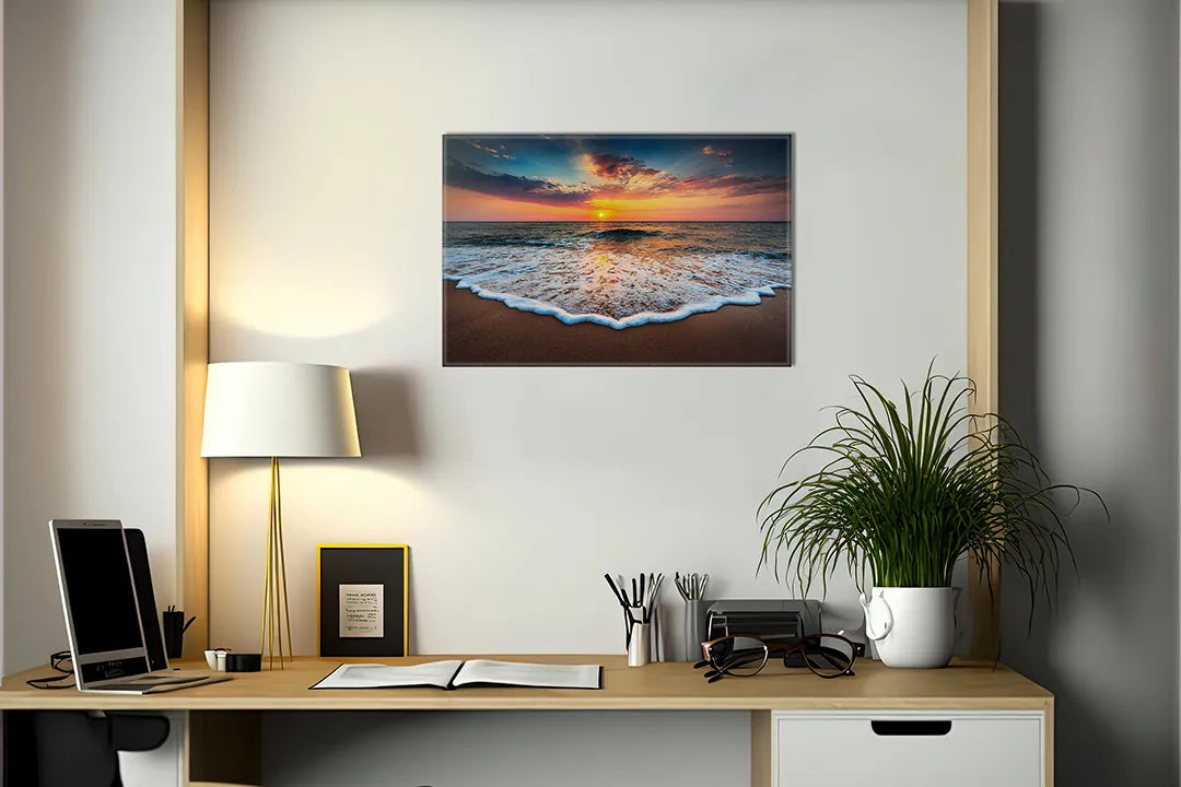 Kurkborden op canvas met zonsondergang boven de zee – formaat 140 × 100 cm