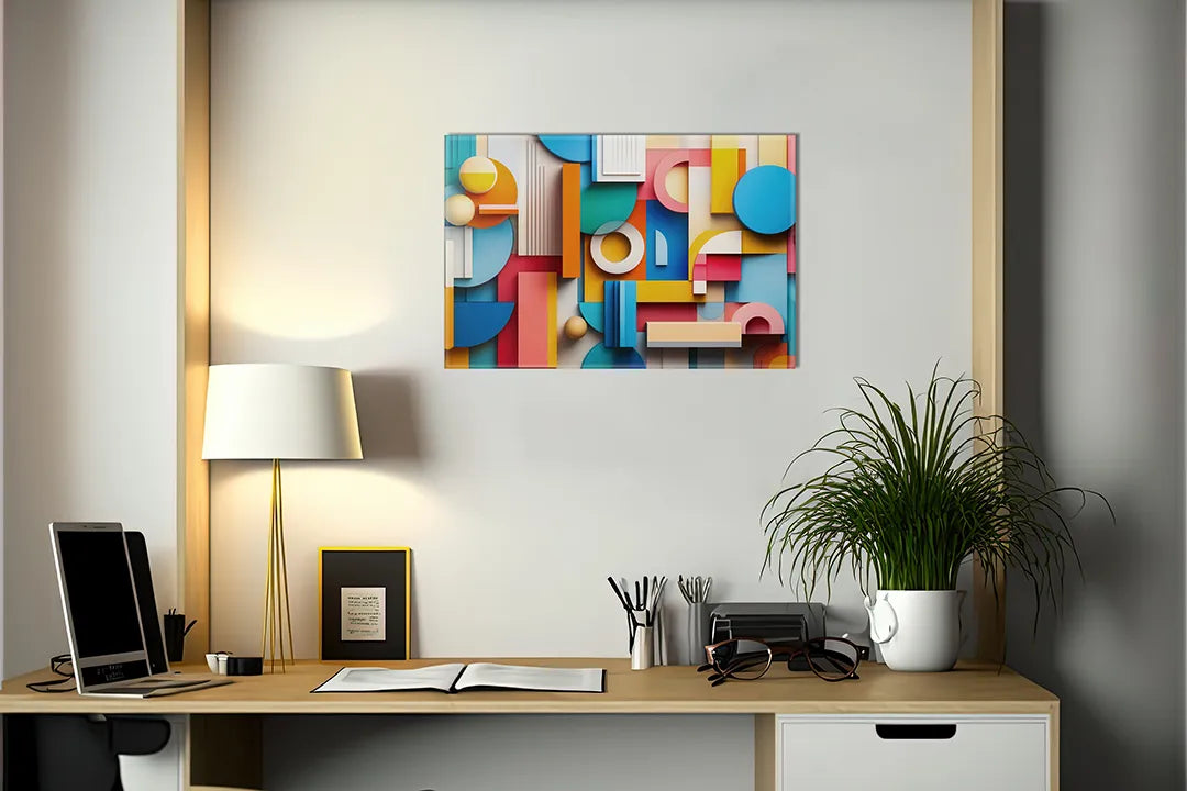 Kurkborden op canvas met kleurrijke geometrische 3d vormen – formaat 140 × 100 cm