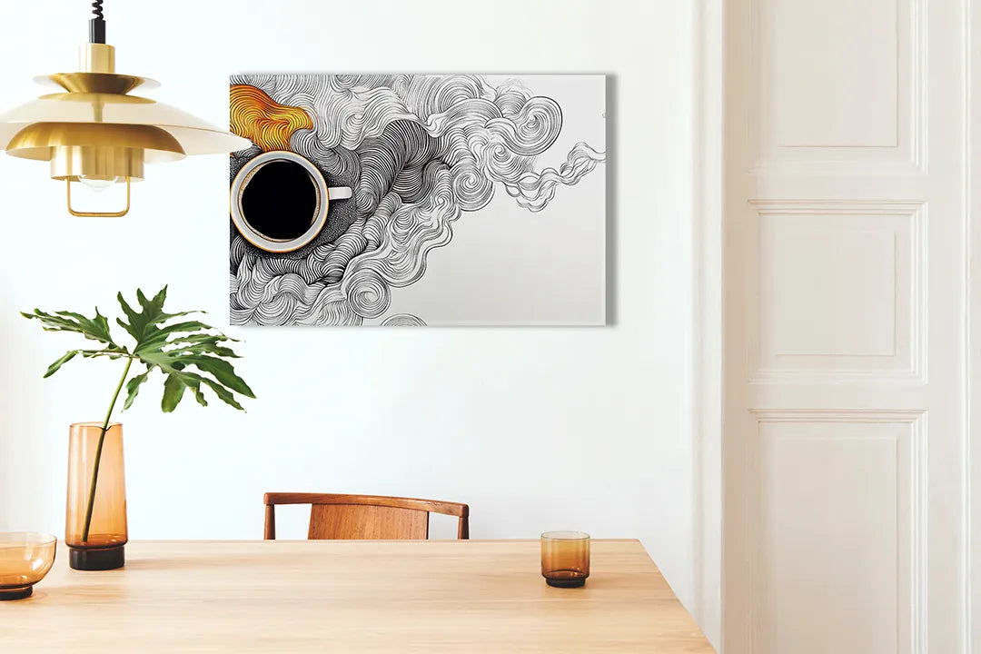 Kurkborden op canvas met koffiekop met sierlijke rooktekening – formaat 100 × 70 cm